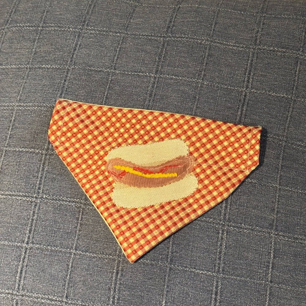 Red Checkered Dog Bandana with Hot Dog Design